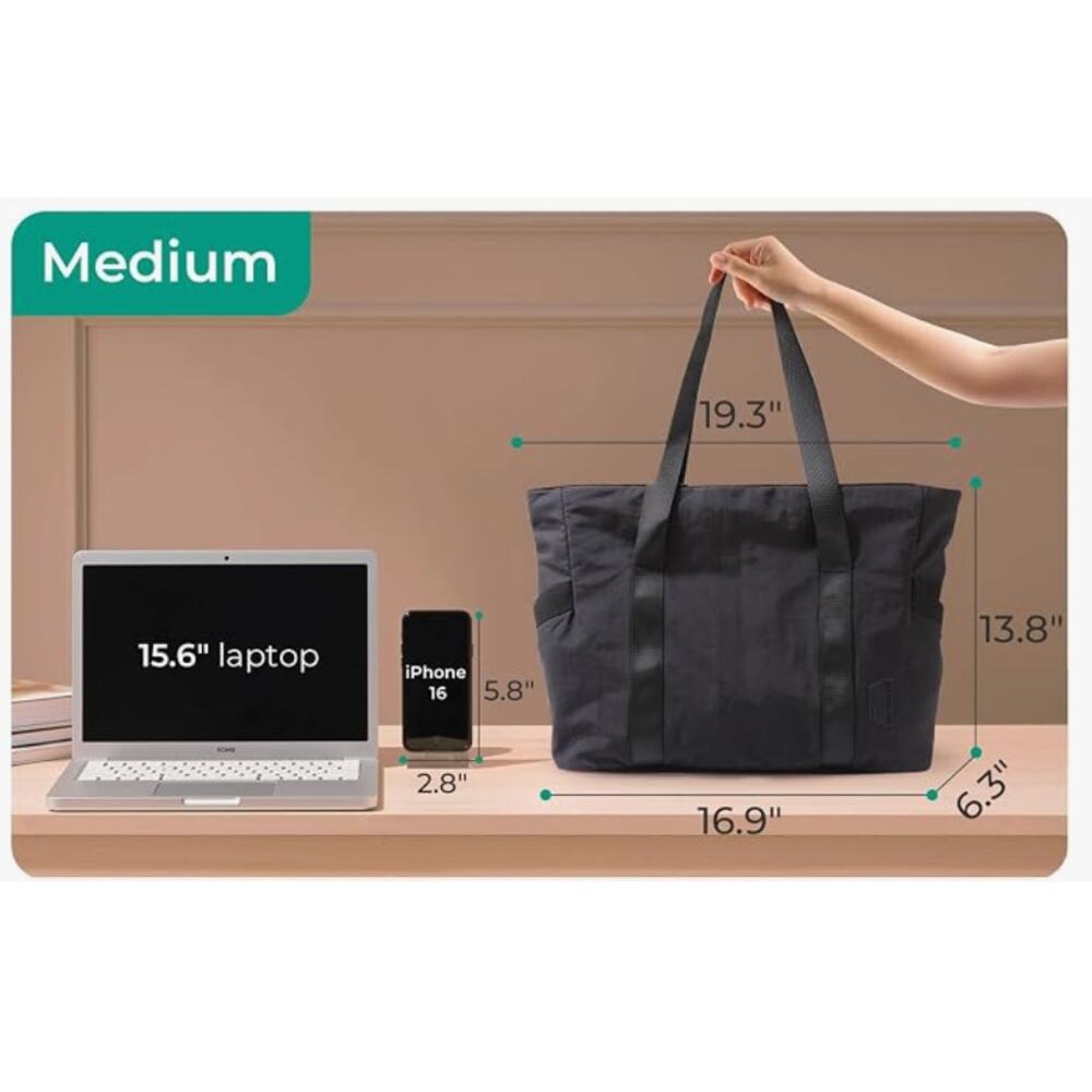 BAGSMART Tote Bag with Zipper and Compartments, Travel Shoulder Handbag- Black - Picture 5 of 5